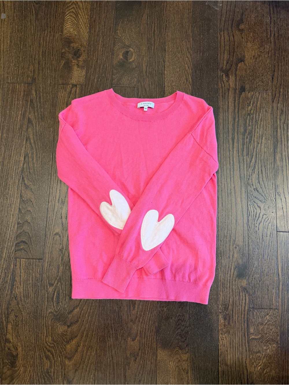 Society Hot Pink Crewneck Sweater with Cream Heart Elbow Patches